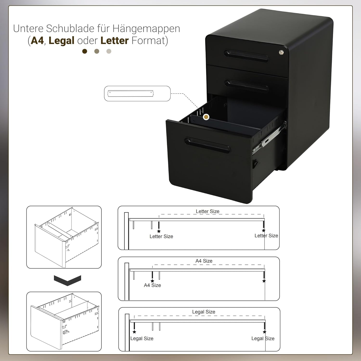 Vinsetto Rollcontainer mit 3 Schubladen mobiler Aktenschrank mit Rollen abschließbar Büroschrank mit Hängeregistratur Stiftfach, Bürocontainer Schreibtisch Unterschrank für Büro 39x48x59cm Schwarz PG2164341