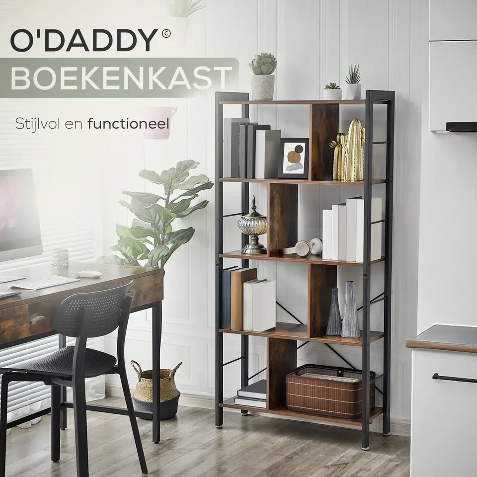 O'DADDY Industrieel Boekenkast - 74x30x150cm - Vintage Bruin/Zwart Metaal