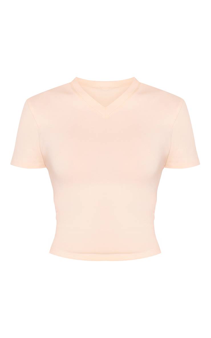 Crème T-shirt Ajusté En Coton Doux À Col En V