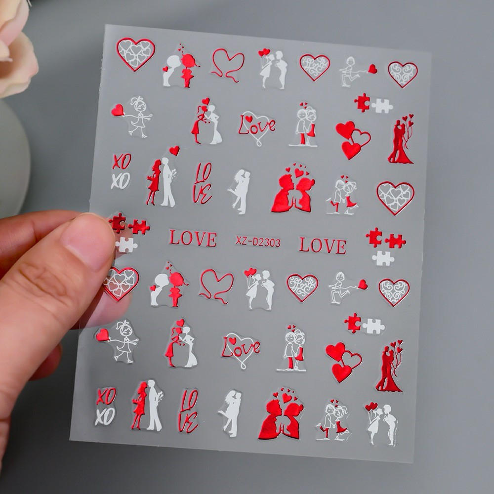 (808-tlg. Set) Nagel Sticker Nail Art Tattoo Selbstklebende Aufkleber Valentinstag - Rot / Weiss