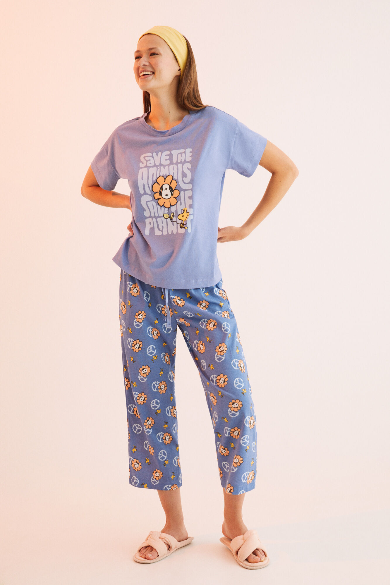 Pijama comprido Snoopy 'Salve o Planeta' 100% algodão - Azul