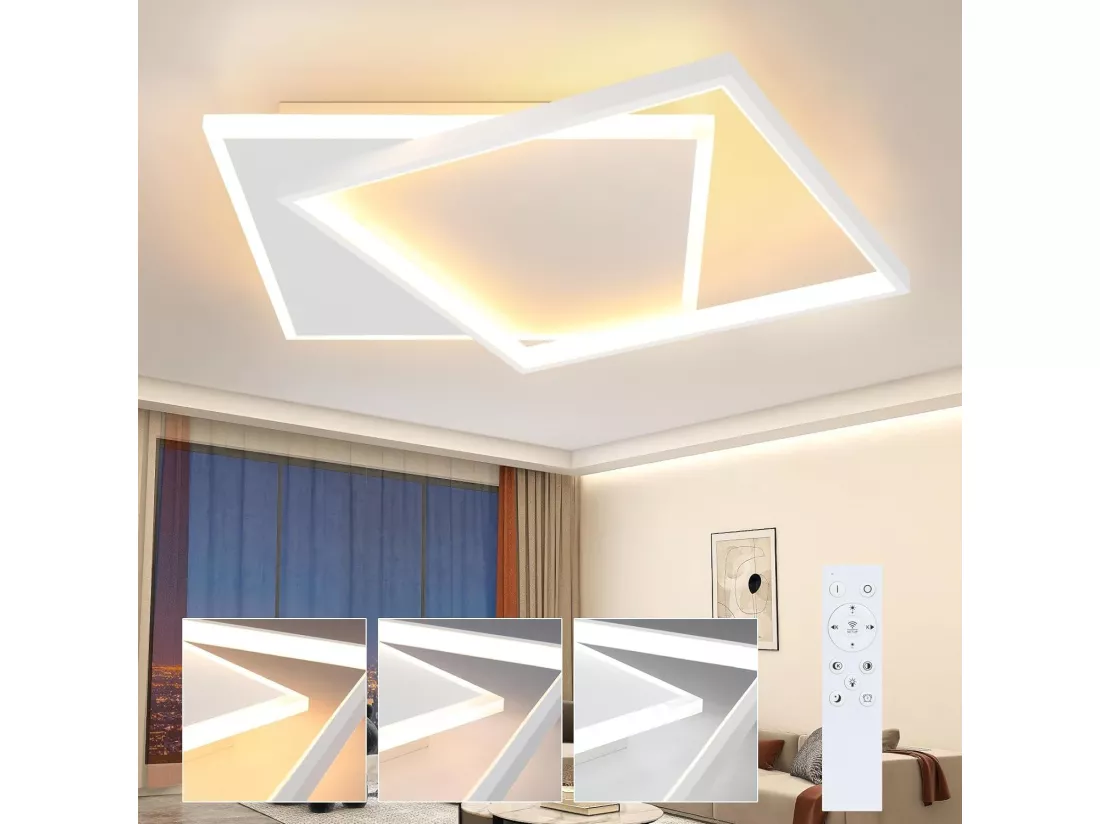 NETTLIFE Plafonnier LED réglable 44W, blanc, design carré, avec télécommande, 44x40cm