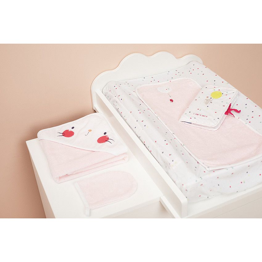 Housse de matelas à langer à pois et oiseau brodé - Ecru
