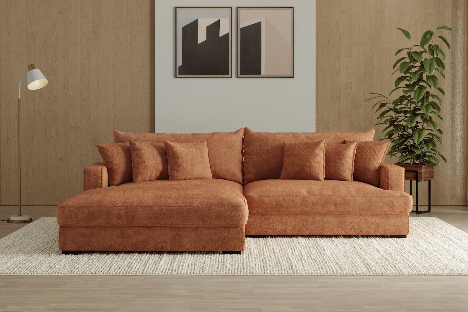 Rossi Lux 2-seter med XL sjeselong venstre Tekstil Genesis 9 Deep Terra, arm A med sorte ben. Lux Komfort.