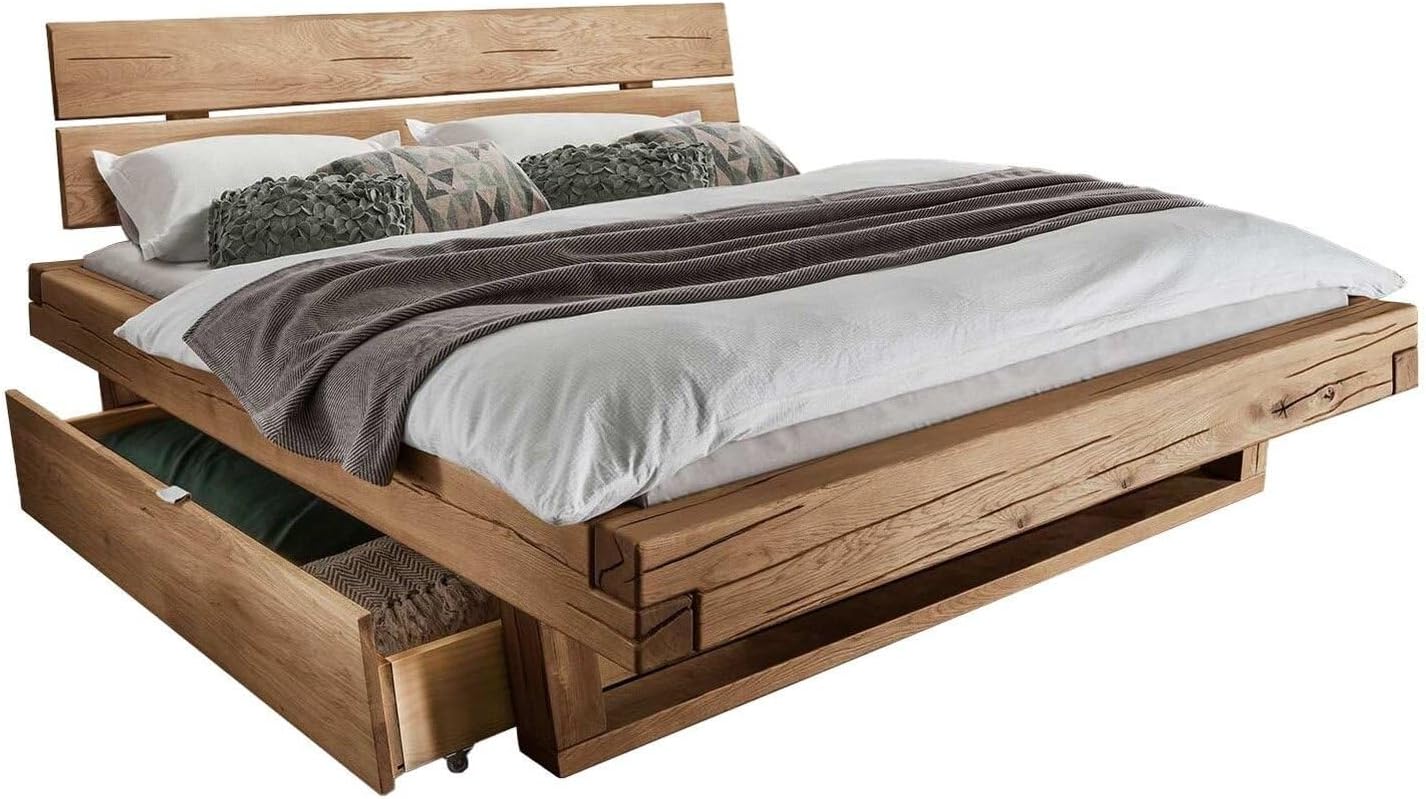 Romeno Balkenbett Massivholz 180x200 cm Balkenbett Wildeiche geölt mit Schubkästen Naturholz Kufe, Belastbarkeit: 200 kg, Bettgestell