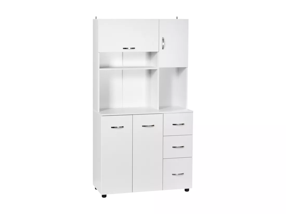 Armoire de cuisine multi-rangement 4 portes 3 tiroirs étagère + grand plateau 89L x 39l x 168H cm MDF blanc