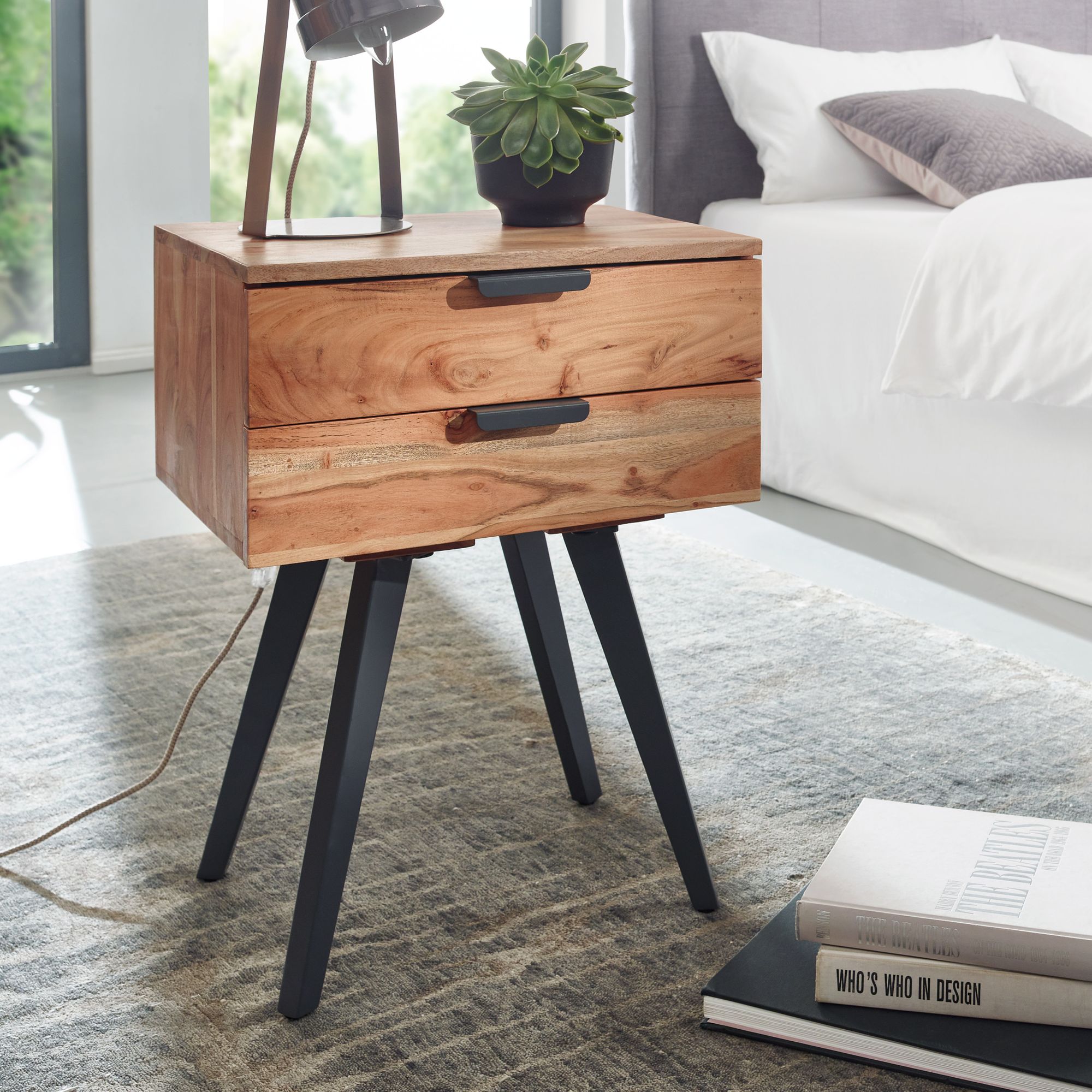 KADIMA DESIGN Industrial Nachtkonsole aus Akazien-Massivholz, Hochwertiges Handmade Unikat, Braun Grau