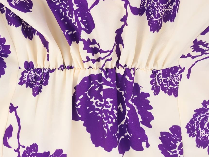 Cumulys - Midi-A-lijnjurk met lange mouwen, V-hals en bloemenprint