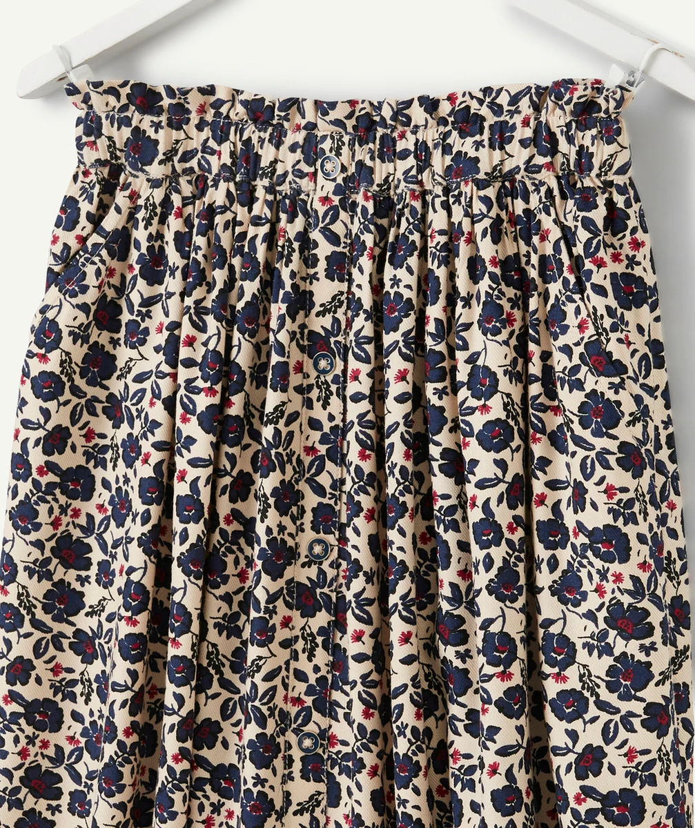 JUPE LONGUE FILLE EN VISCOSE RESPONSABLE IMPRIMÉE FLEURIE BEIGE ET BLEU MARINE