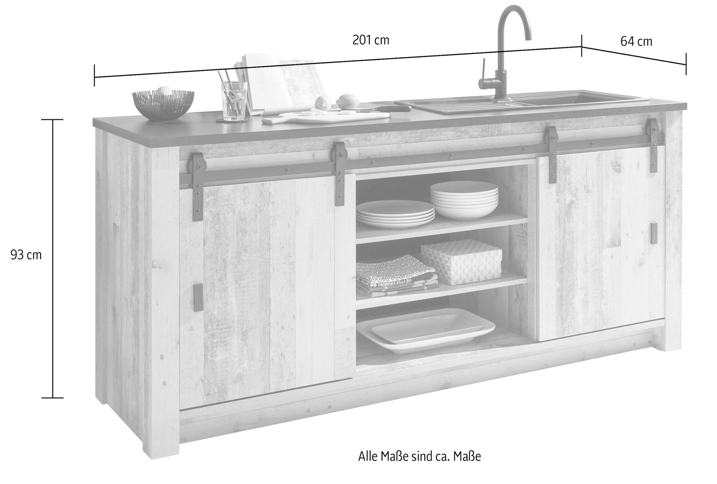 Home affaire Spülenschrank »Sherwood« Breite 201 cm, mit Scheunentorbeschlag aus Metall