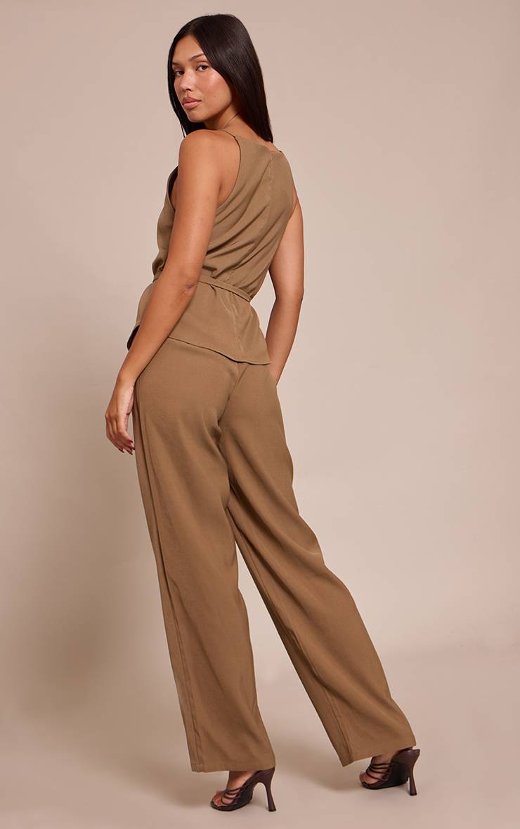 Taupe Combinaison Pantalon Droit En Tissu Tissé Avec Ceinture Nouée