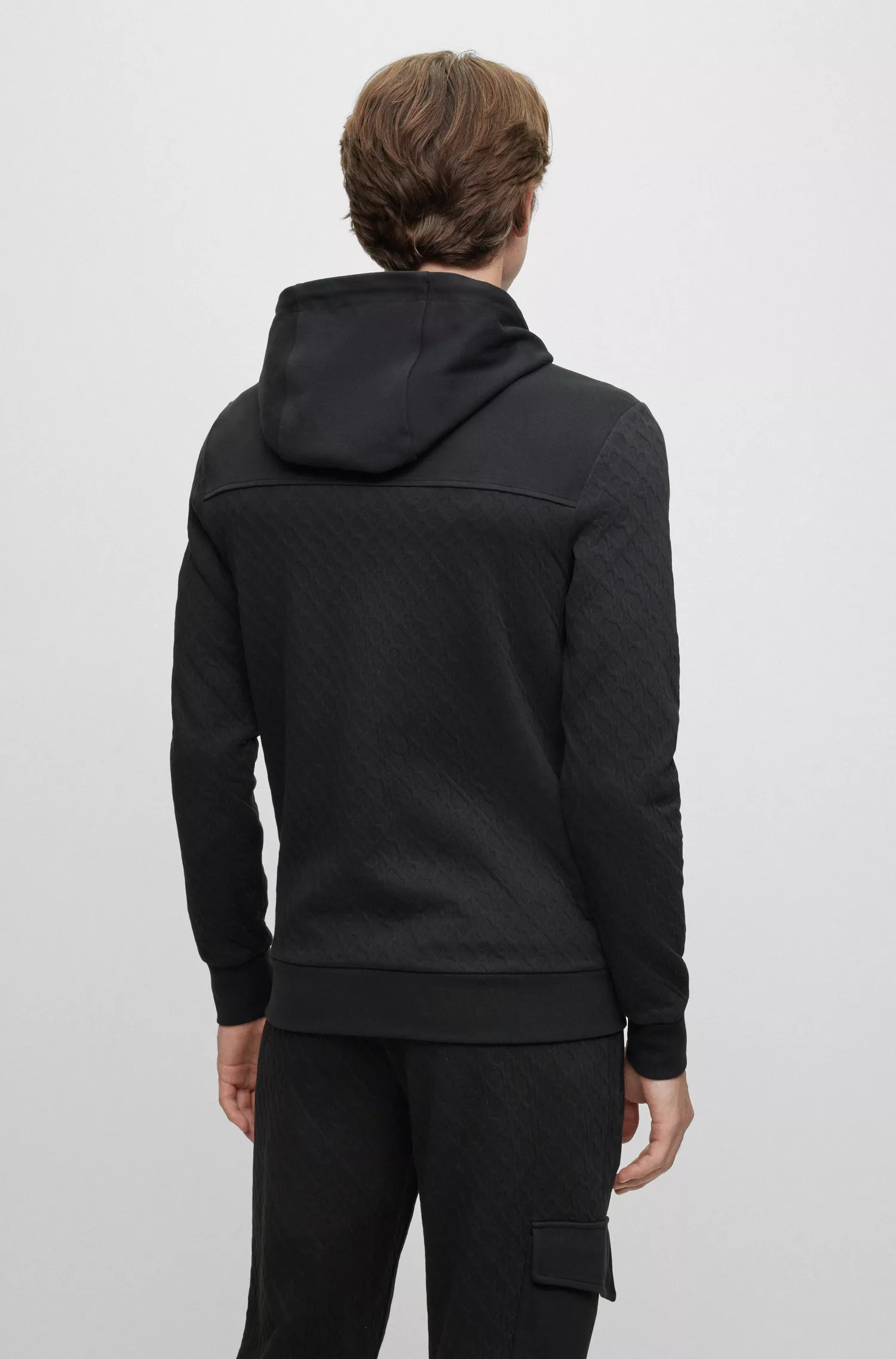 Moletom com capuz e zíper BOSS em mistura de algodão preto com monograma jacquard.