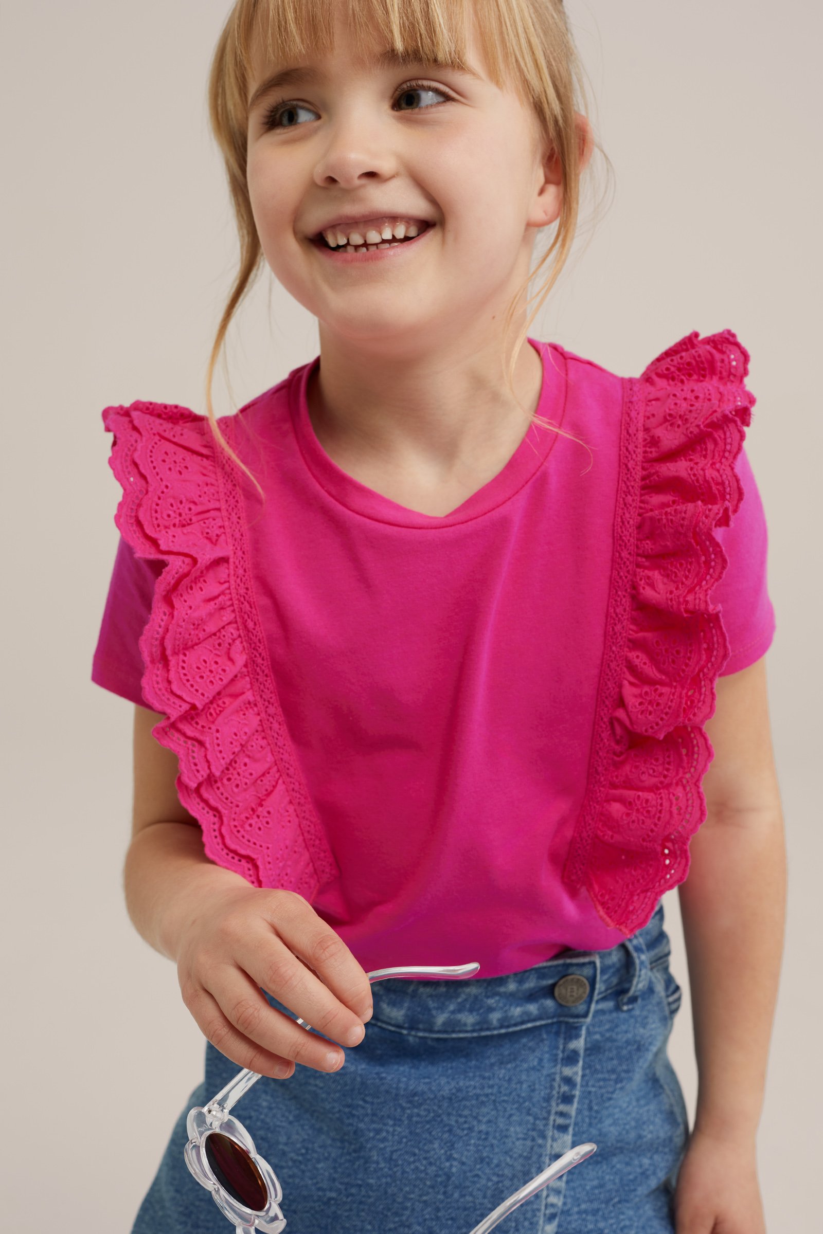 Meisjes T-shirt met ruches WE Fashion Felroze