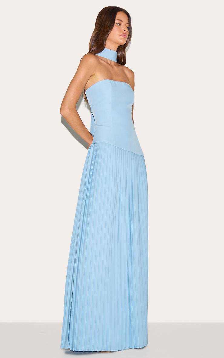 Bleu Pâle Robe Maxi Plissée Asymétrique En Tissu Tissé