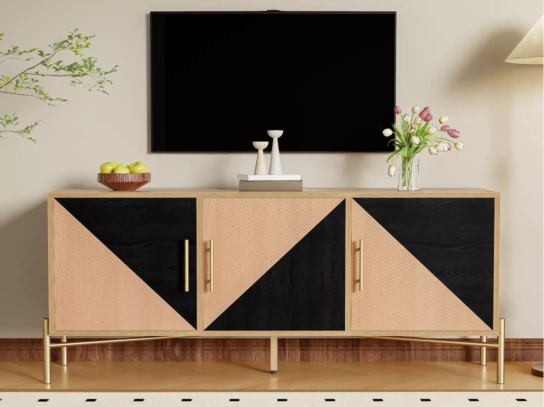 Meuble TV design unique - avec 3 portes - poignées et pieds dorés - Naturel & Noir