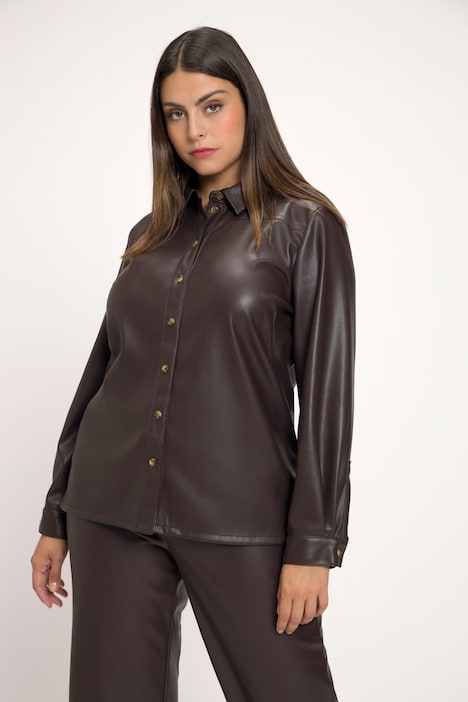 Bluse, Lederoptik, Hemdkragen, Quernaht, Langarm