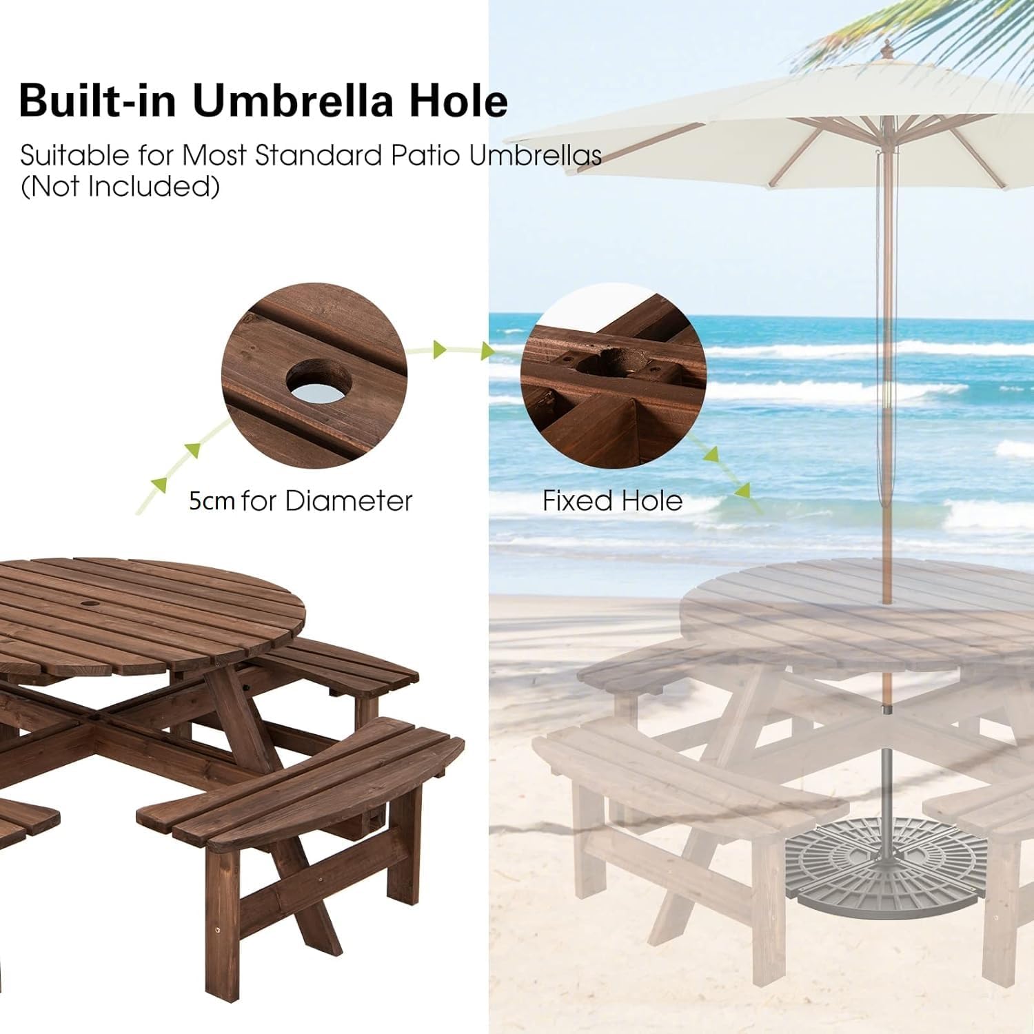 GIANTEX Gartenmöbel Set Holz 8 Personen, Garten Sitzgruppe 4 Bänken & 1 Gartentisch, Picknicktisch mit Schirmloch, Bierzeltgarnitur Bierbankgarnitur Biertischgarnitur Massiv Tannenholz wetterfest