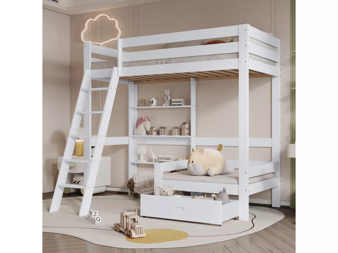 Lit mezzanine 90 x 200 cm avec étagères de rangement et canapé - bois massif + MDF - blanc