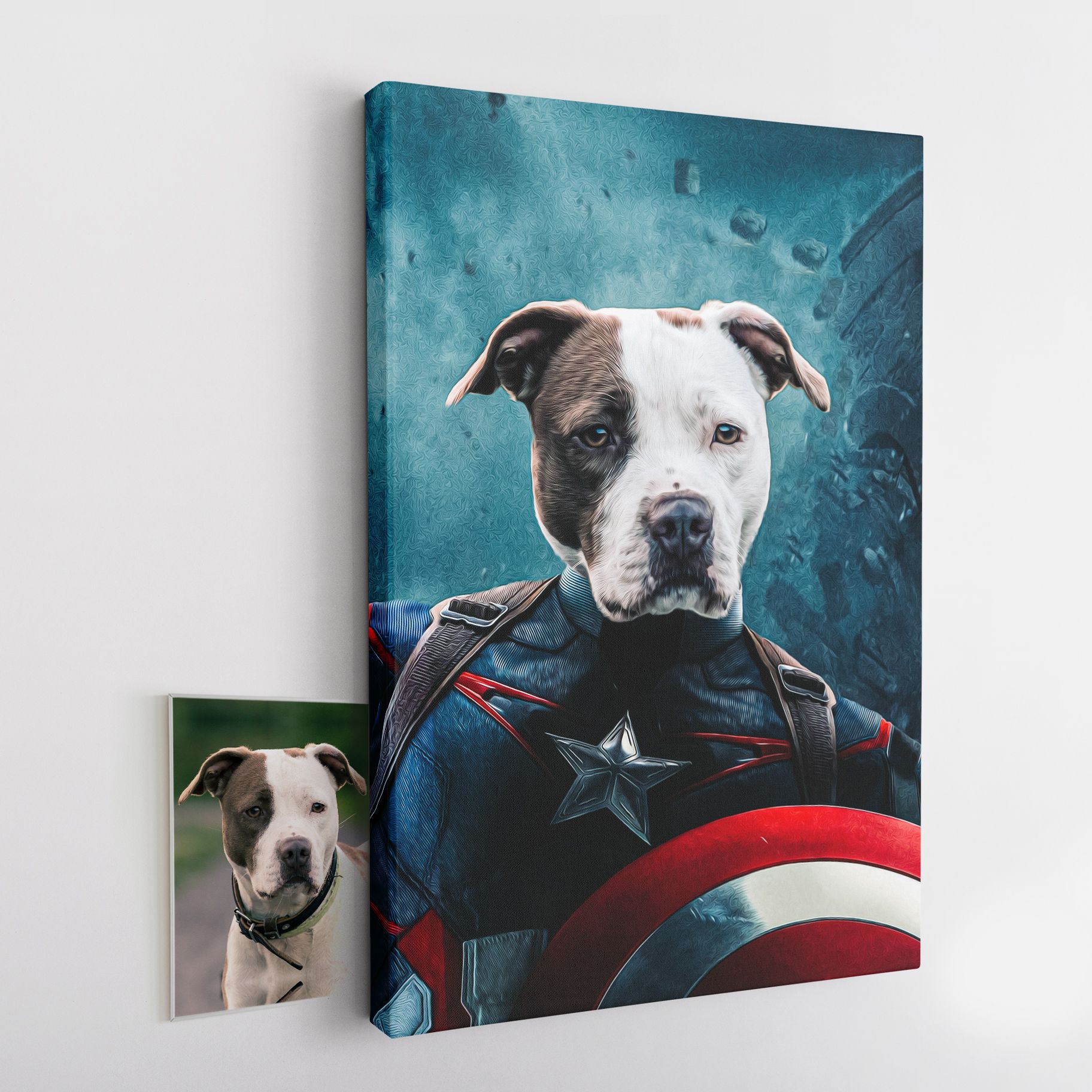 Retrato personalizado do seu animal de estimação em tela com o Capitão América