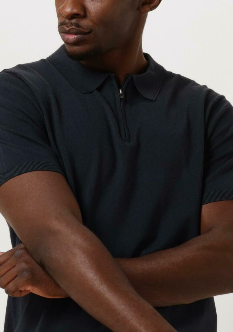 PURE PATH donkerblauwe pure path polo knitted shotsleeve polo half zip with chest embroidery