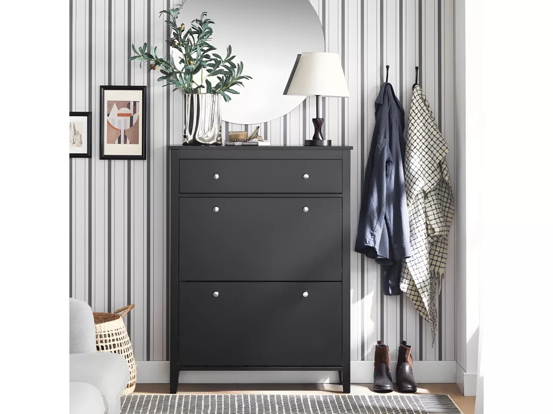 SoBuy Armoire à Chaussures Commode à Chaussures Meuble de Rangement à Chaussures 2 abattants Meuble d'entrée Coffre Rangement pour Chaussures avec Un Grand Tiroir Noir – 80x25x108 cm, FSR89-SCH