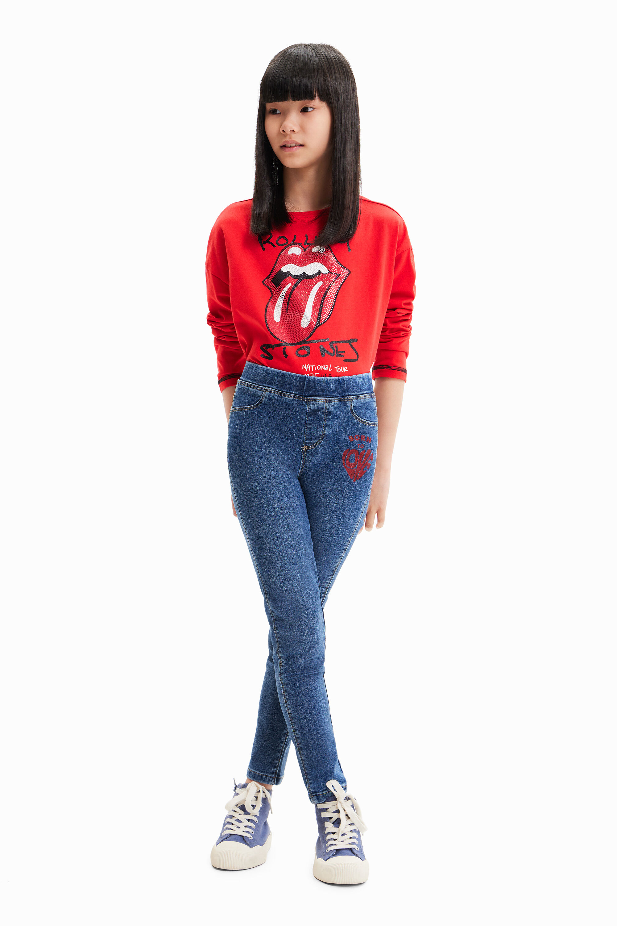 Calças legging jeans com mensagem