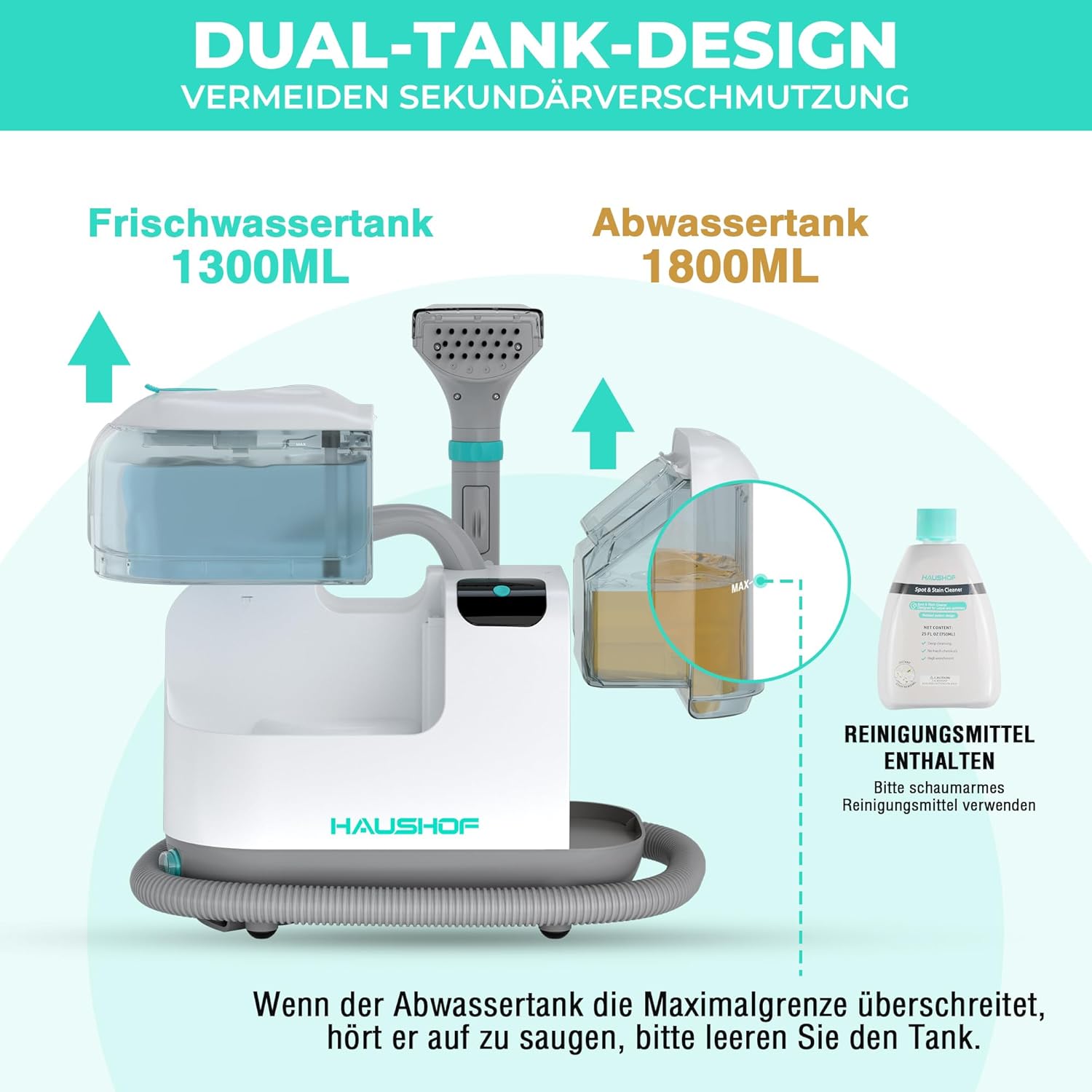 HAUSHOF Waschsauger mit Dampffunktion, StainZapper Vapo Teppichreiniger Polsterreiniger Gerät mit Warmwasserfunktion & Hochtemperatur-Dampffunktion, Mit Reinigungsmittel, Für Teppich, Sofa, Auto