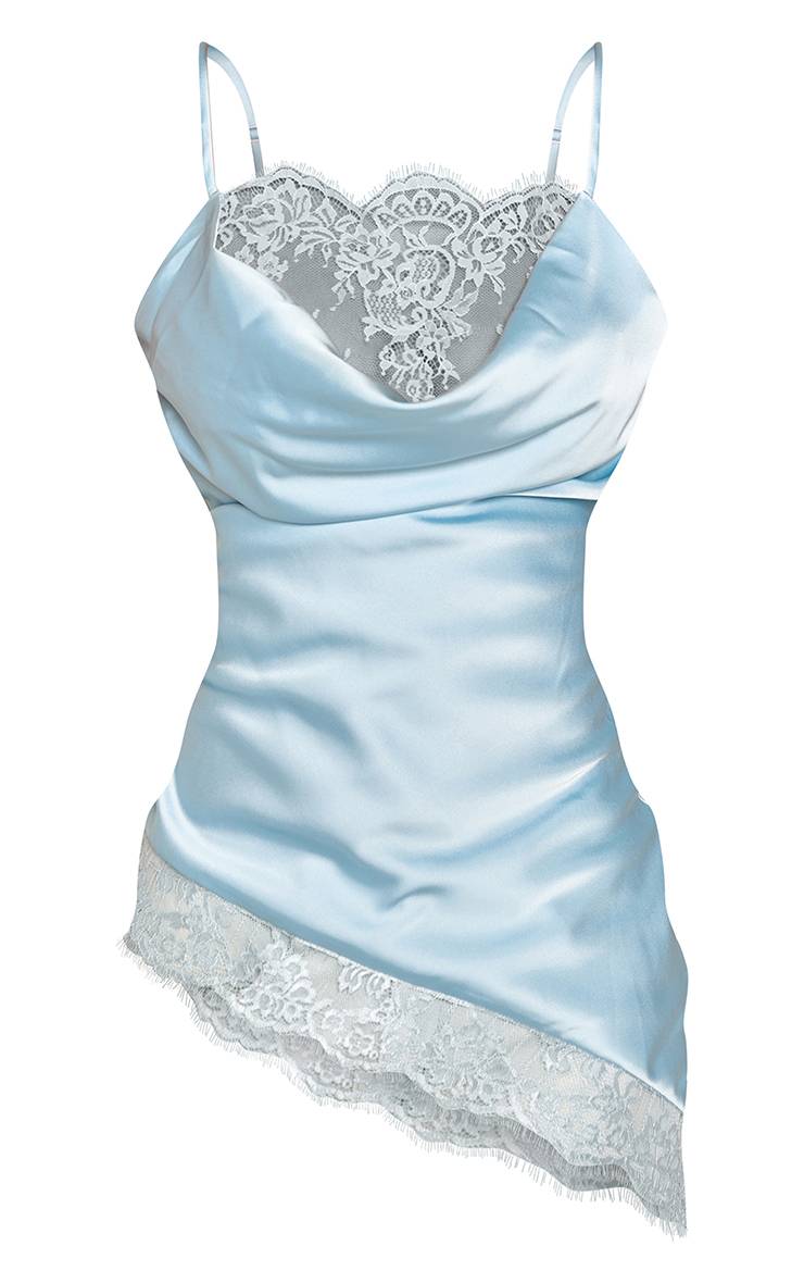 Bleu Clair Top Asymétrique En Satin À Col Bénitier Avec Finition En Dentelle