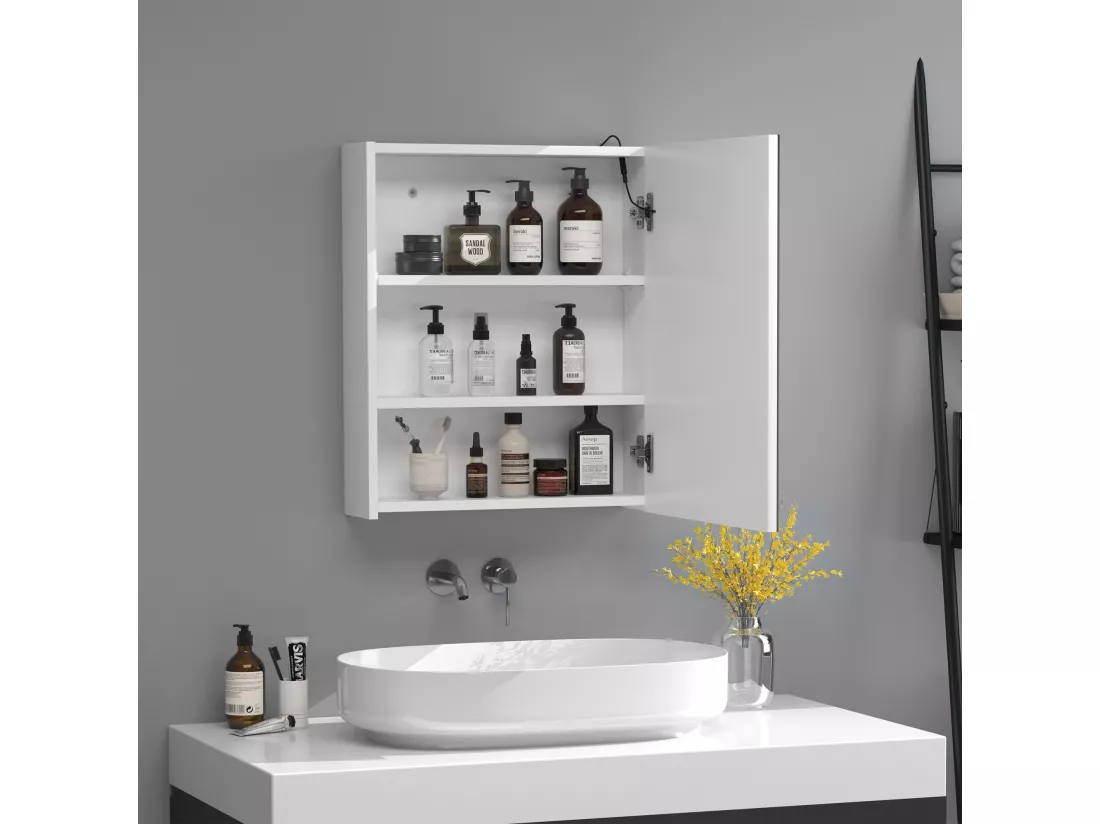 Miroir lumineux LED armoire murale design de salle de bain 2 en 1 dim. 50L x 15l x 60H cm MDF blanc