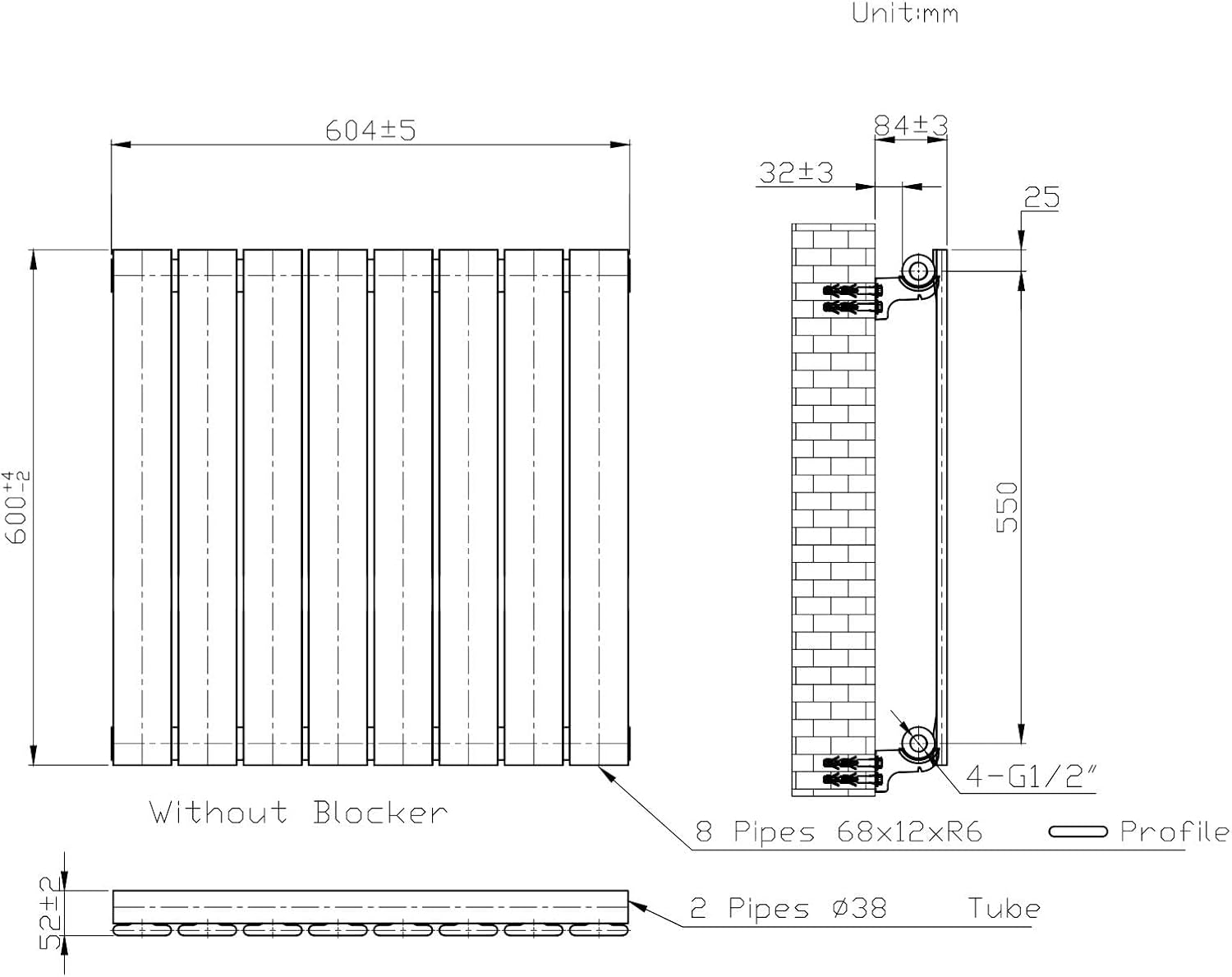 WITEN&NOCK Designheizkörper Flach Paneelheizkörper Weiß 600 x 600 mm Doppellagig mit Seitenanschluss Austauschheizkörper Nabenabstand 550 mm inkl. Thermostatventile
