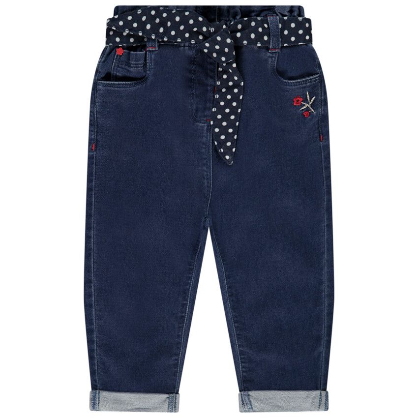 Jean avec ceinture et broderie pour bébé fille - Bleu