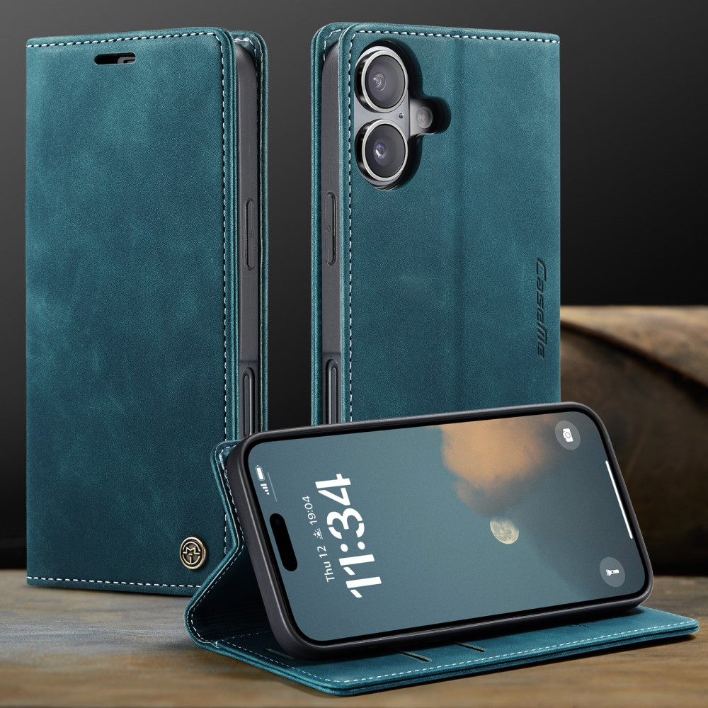 iPhone 16 Leder Tasche Flip Wallet Etui mit Kartenfächern - Blaugrün