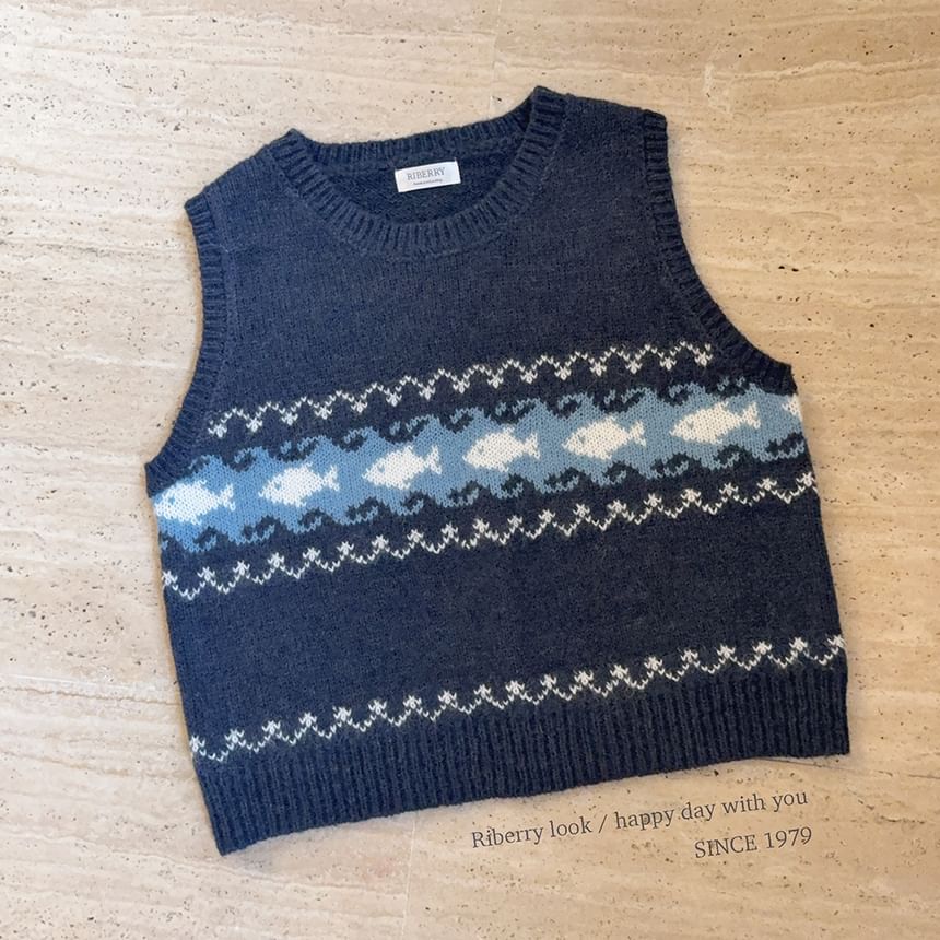Glotto - Gebreid vest met ronde hals en visjacquardmotief