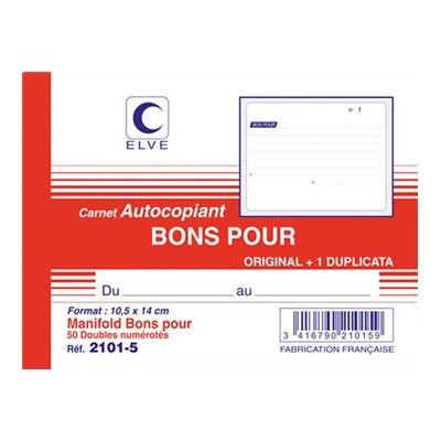 ELVE - Manifold Carnet de Bons pour - 50 dupli - 10,5 x 14 cm