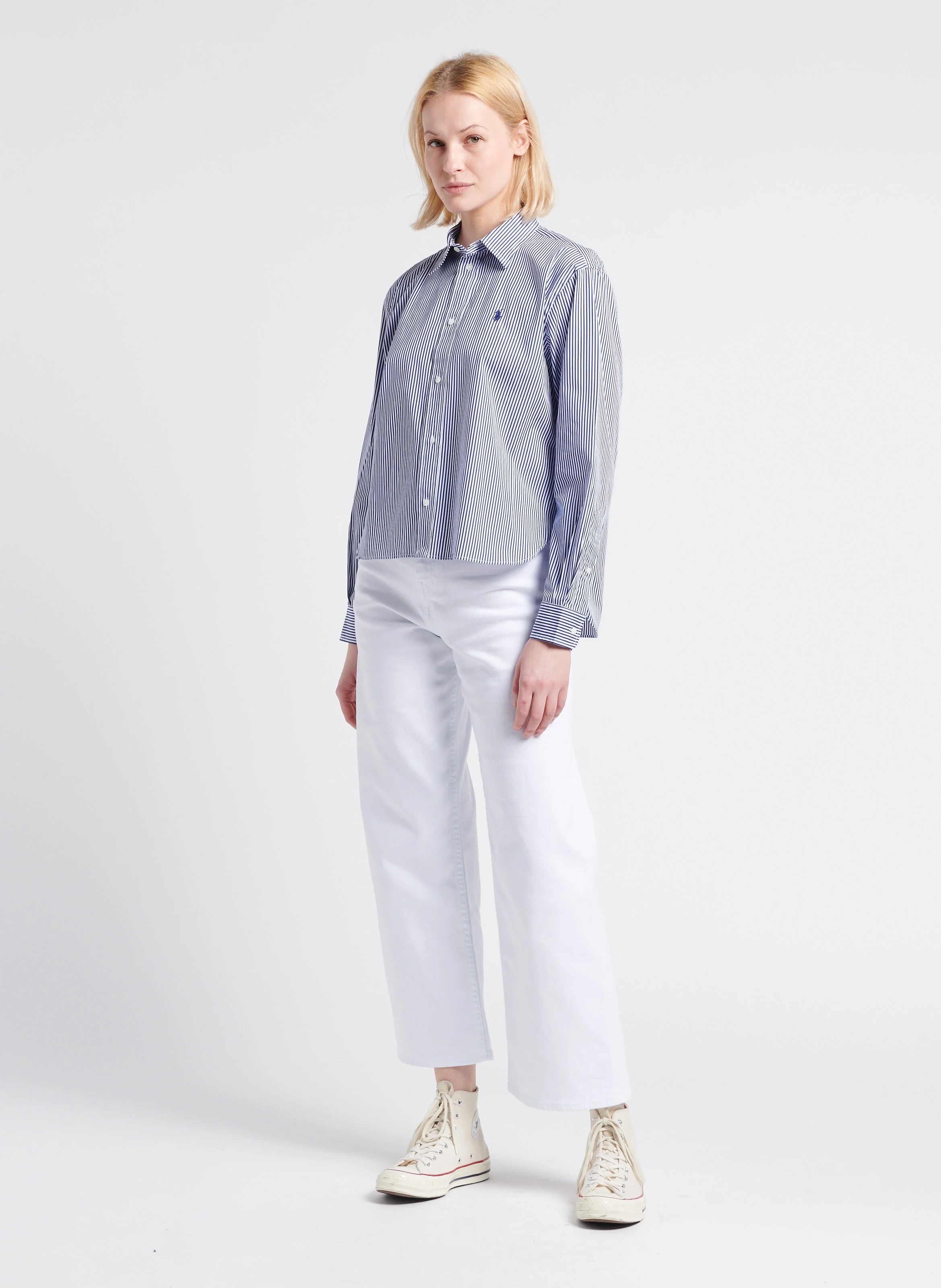 Chemise col classique rayée en coton | Bleu