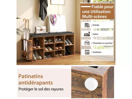 Banc à Chaussures avec Porte-Parapluie, Banc de Rangement 10 Compartiments avec Coussin Rembourré, Style Industriel, Charge 300 kg (Marron Rustique)