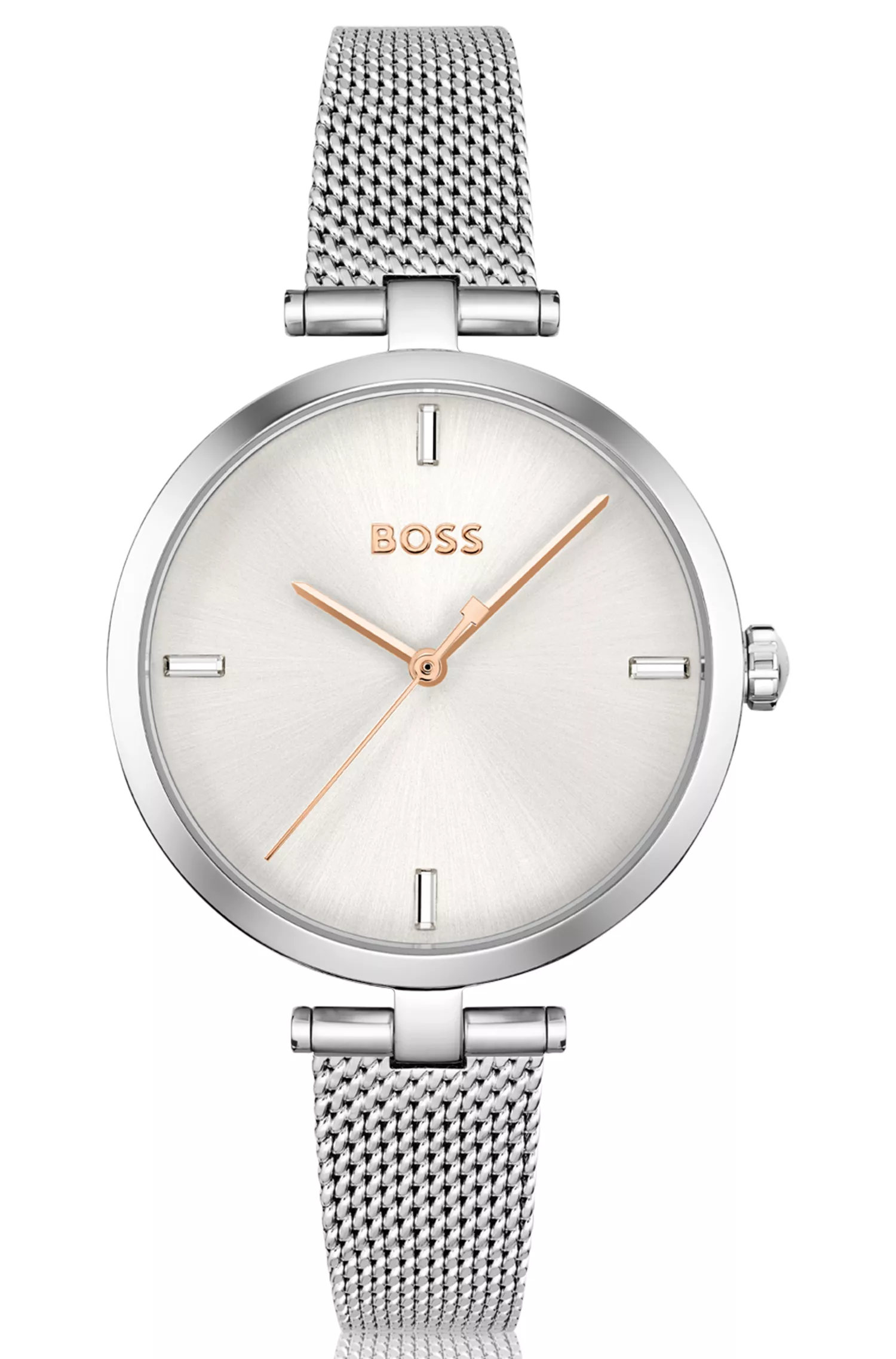 Relógio BOSS com pulseira de malha preta e índices de cristal.