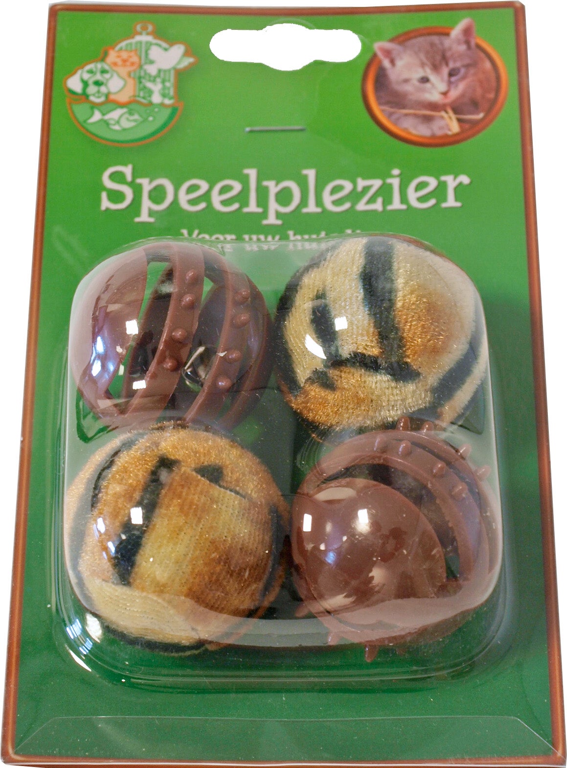 Kattenspeelgoed op kaart bal pluche en plastic bruin 4 stuks