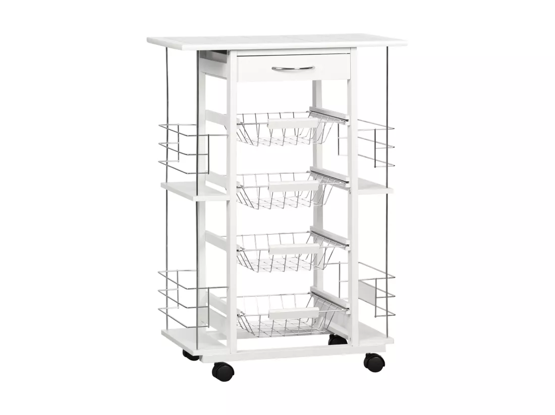 Chariot de service desserte de cuisine à roulettes multi-rangements 4 paniers métal tiroir + 4 range-bouteilles bois pin plateau carrelé blanc
