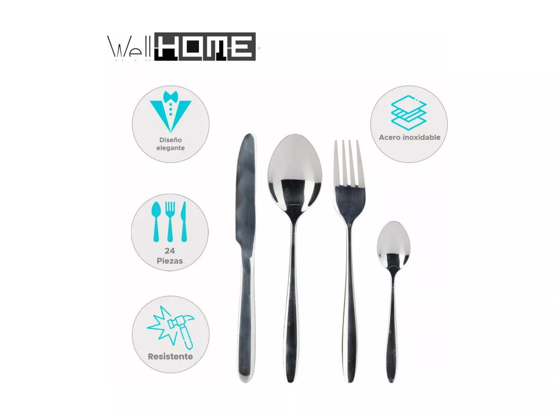 Well Home Coffret de 24 couverts en acier inoxydable avec revêtement argenté