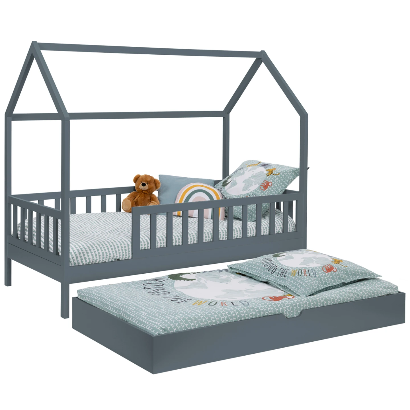 Lit cabane enfant 80 x 160 CM NEREE gris avec 1 tiroir gigogne et de rangement