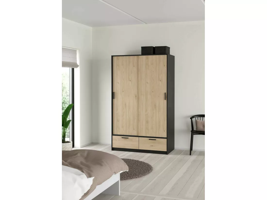 Garde-robe 2 portes Dschoute, Meubles de chambre, Penderie de plain-pied, Placard à vêtements, 121x60 h200 cm, Noir et Chêne