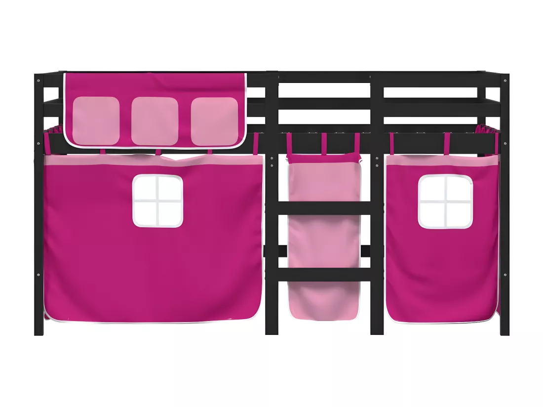 Lit mezzanine enfants et rideaux rose 90x190cm bois pin massif