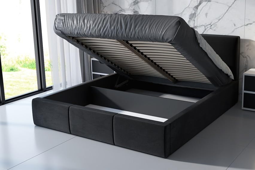 A&J MöbelLand Polsterbett 120x200 mit Bettkasten und Lattenrost – KENET, Bett mit Matratze und Stauraum in Schwarz