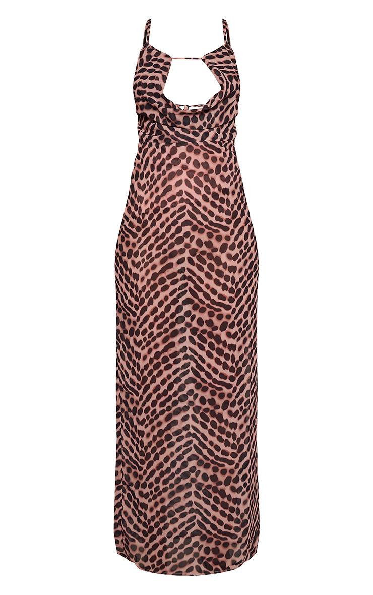 Marron Robe Longue En Mousseline À Découpe Goutte D'eau Et Imprimé Encre