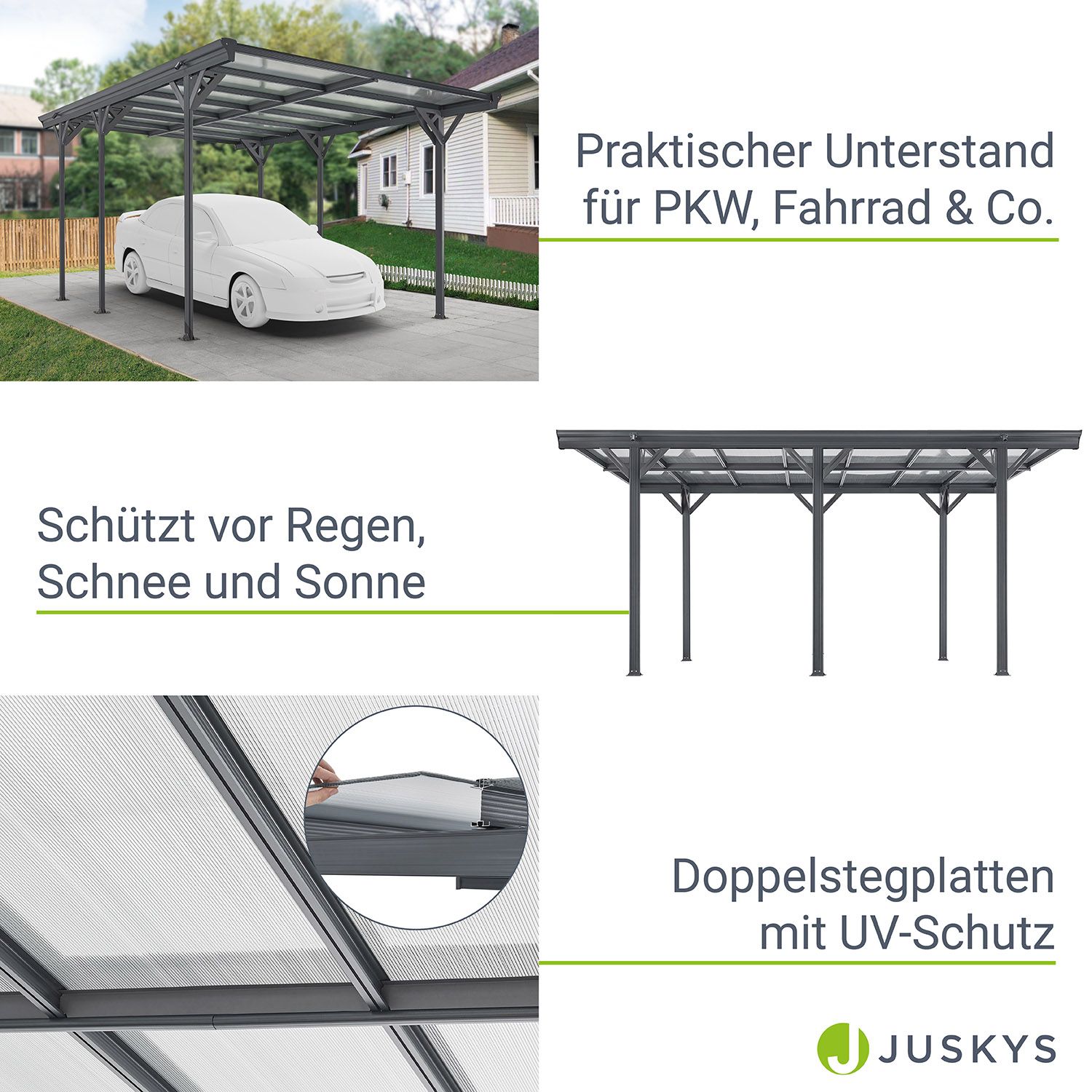 Juskys Carport mit Flachdach 5x3 m – freistehende Überdachung aus Aluminium mit Doppelstegplatten