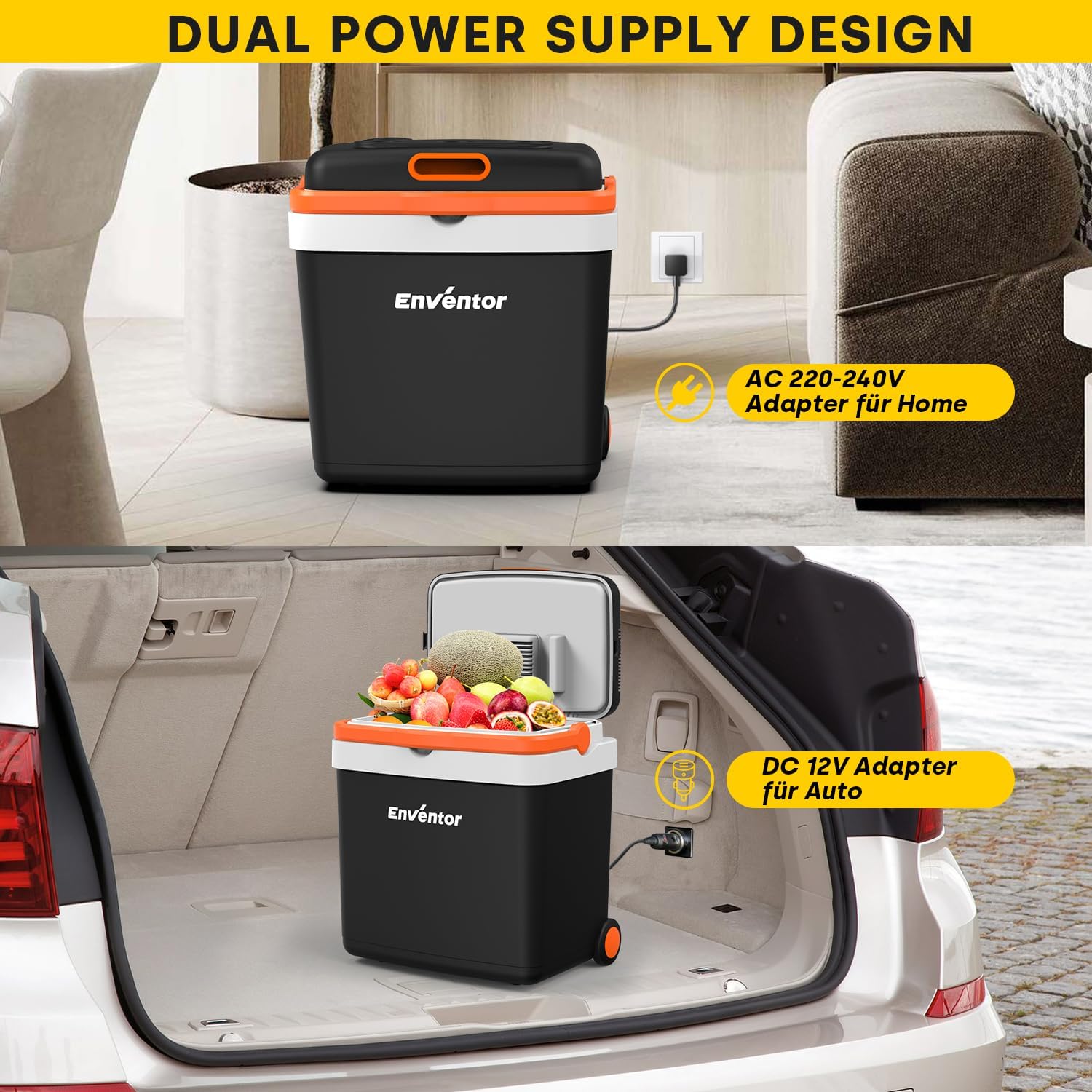Enventor Kühlbox 33 Liter, Elektrische Kühlbox mit Rollen & Verlängerter Griff, Gefrierbox zum Warmhalten und Kühlen, 12V 230V, ECO Modus, Kühlschrank für Auto, Camping und Boot