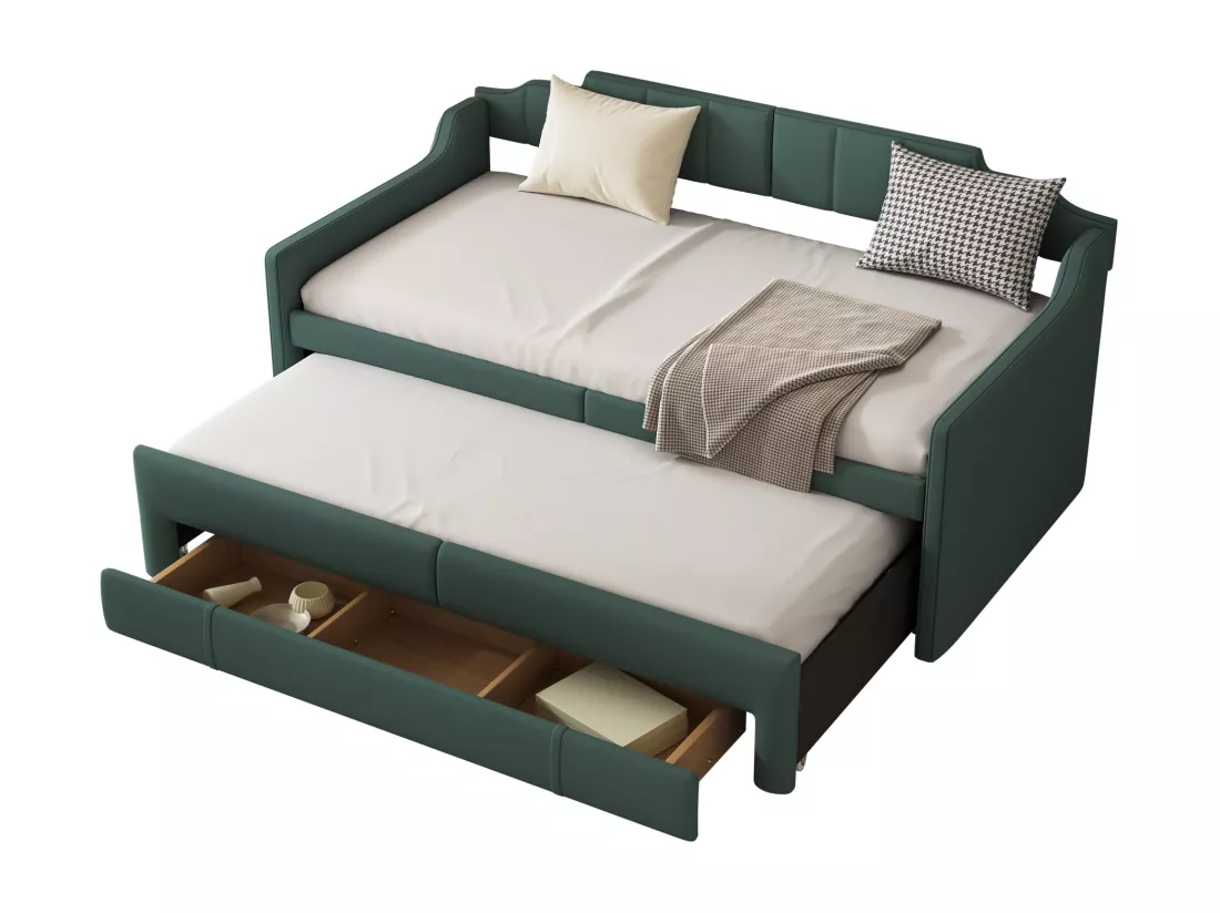 Lit gigogne mobile avec 3 tiroirs - 90 x 200 cm + 90 x 190 cm - lin et MDF - coloris vert