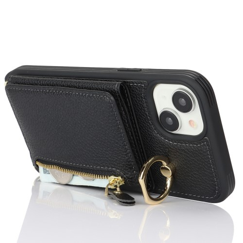iPhone 14 / iPhone 13 Necklace Leder Hülle mit Münzfach und Kartenfächer   Finger Griff Halterung   Handykette - Schwarz