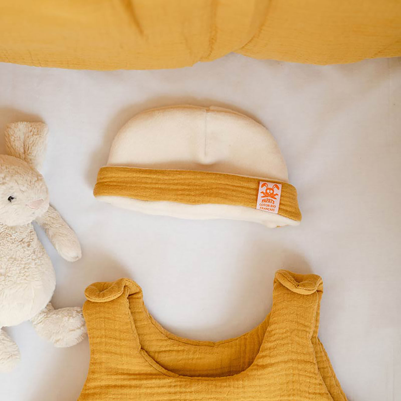 Papate Bonnet de Naissance en Coton Bio blanc/honey - 20x12 cm